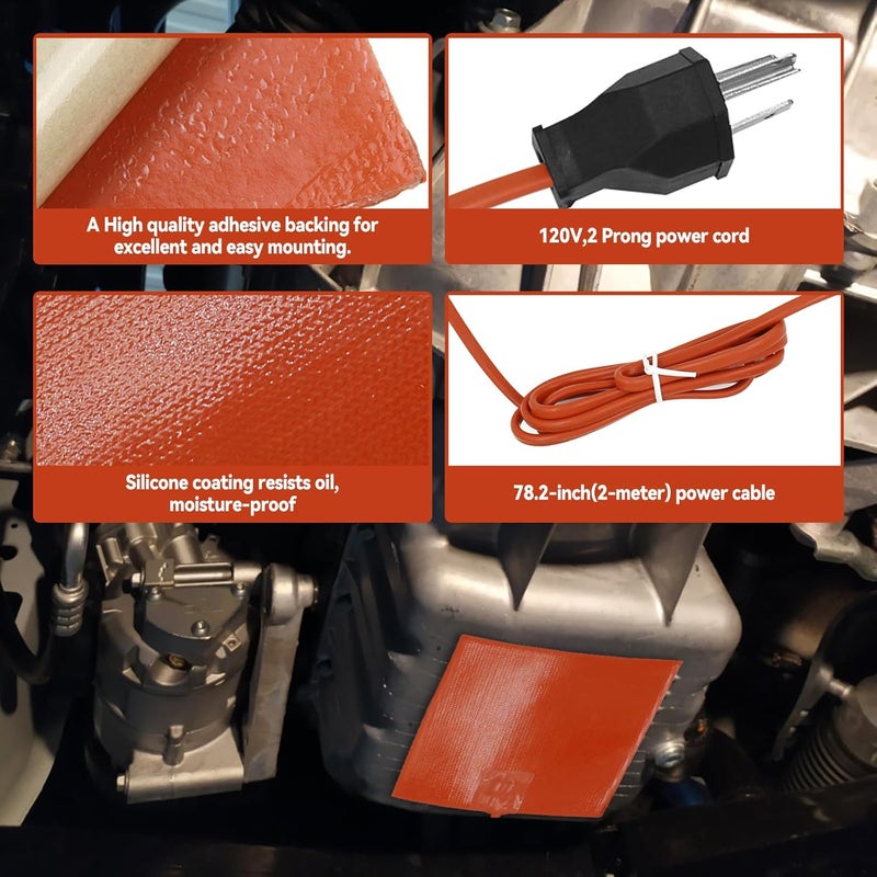 Sywan 2Pcs Silicone Heater Pad, 120V 300W Car Oil Pan Heater with Thermal Protector 6" x 8" Universal Engine Block Heater Self-Adhesive Battery Heater Pad for Car Truck Oil Tank Type Cold Weather - Image 3
